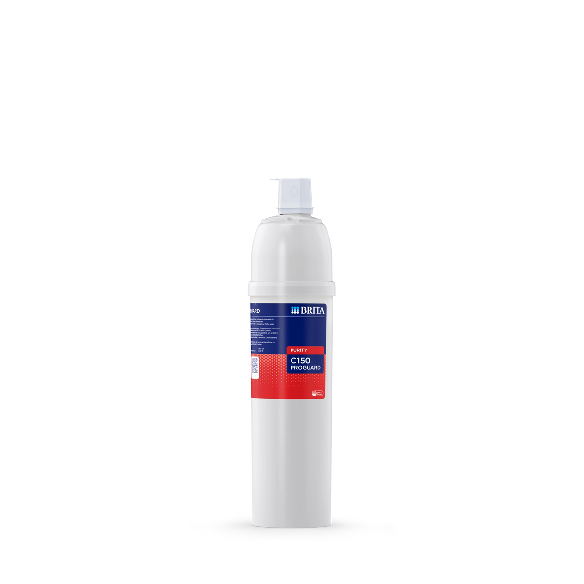 Vooraanzicht van het BRITA PURITY C150 PROGUARD-filterpatroon met witte behuizing en blauw-rood etiket